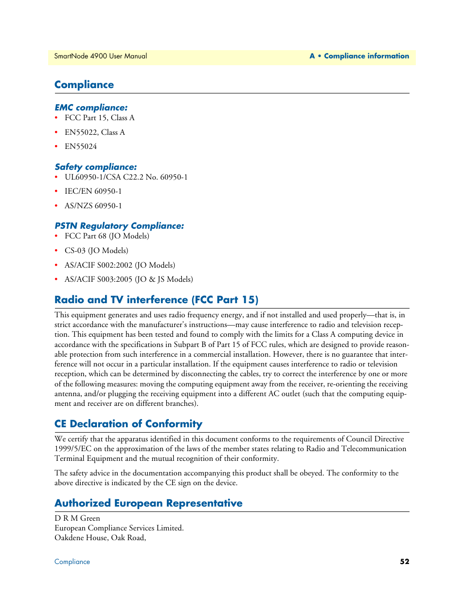 Compliance, Emc compliance, Safety compliance | Pstn regulatory compliance, Radio and tv interference (fcc part 15), Ce declaration of conformity, Authorized european representative | Patton electronic SMARTNODE 4900 User Manual | Page 52 / 76