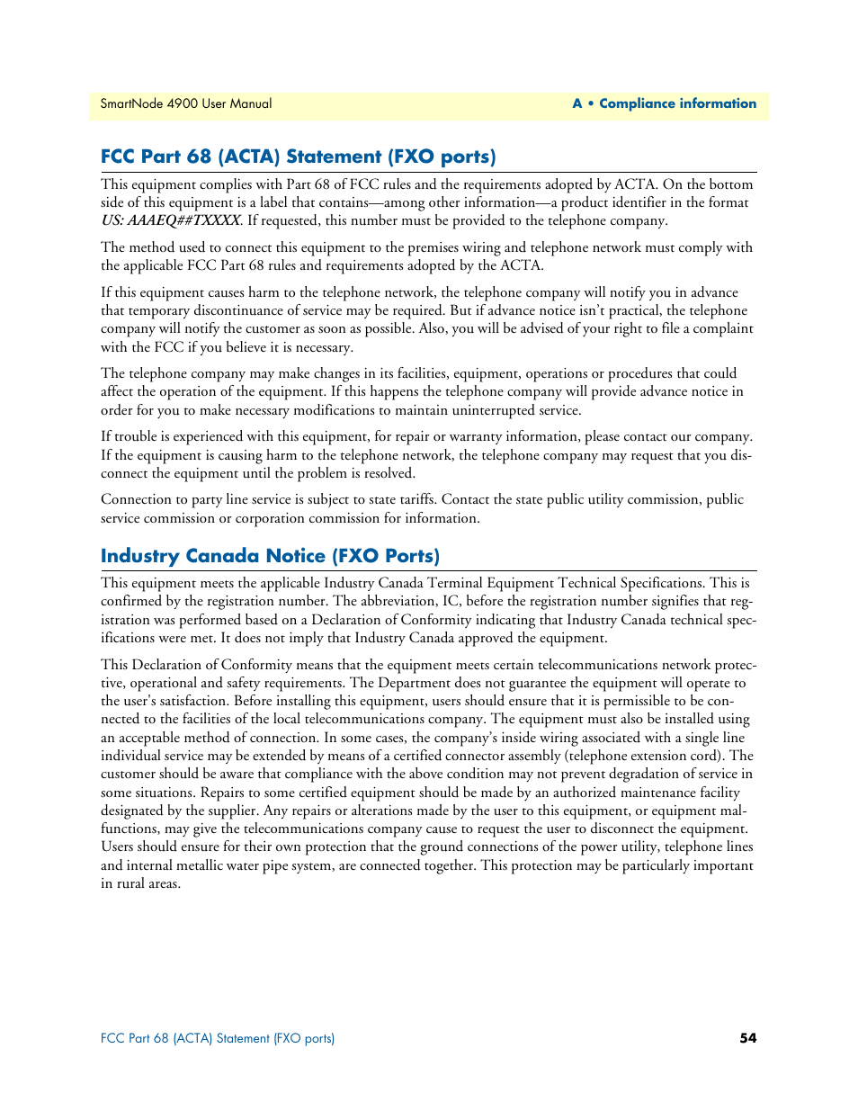 Fcc part 68 (acta) statement (fxo ports), Industry canada notice (fxo ports) | Patton electronic SMARTNODE 4900 User Manual | Page 54 / 76