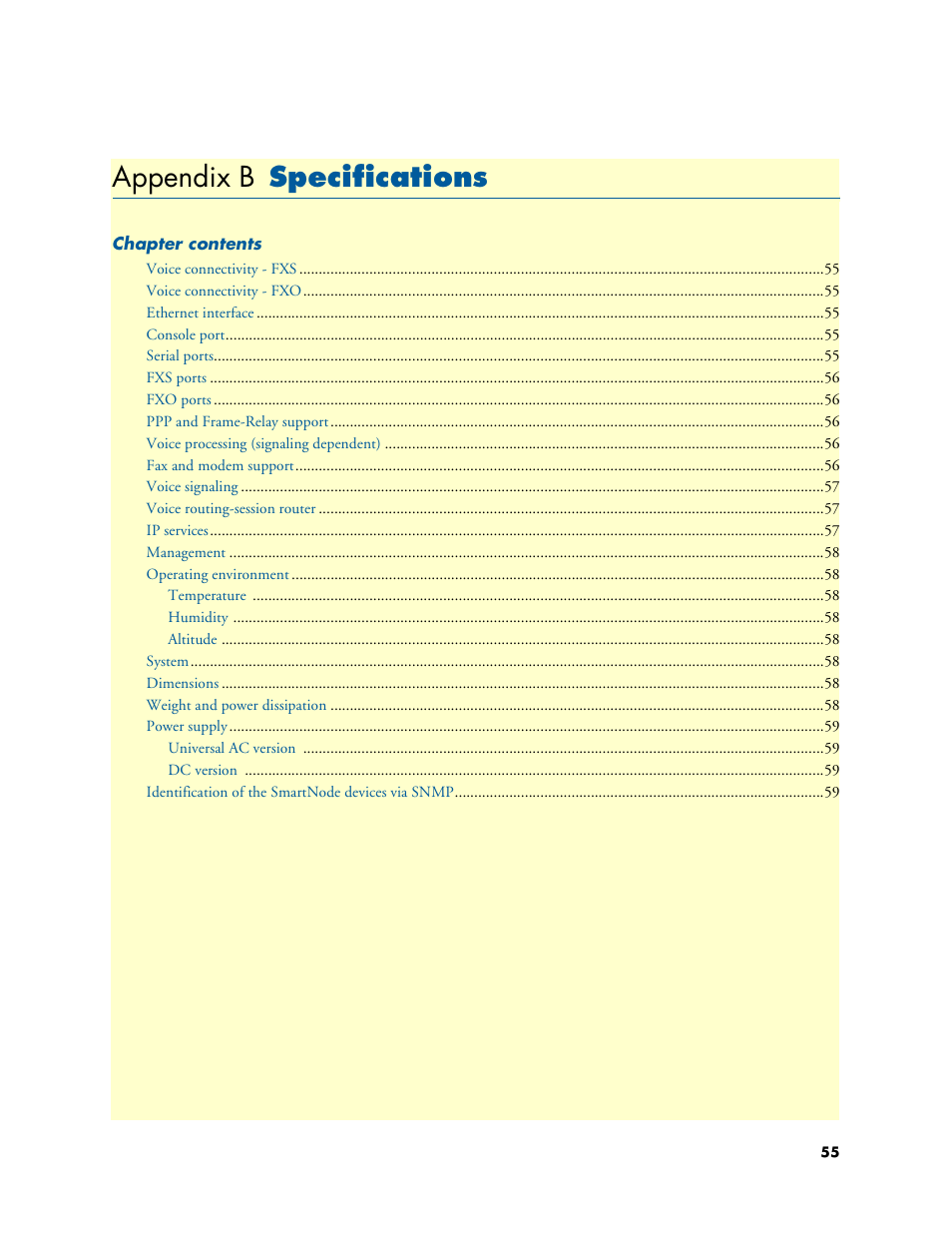 Appendix b specifications, Specifications, Appendix b | Patton electronic SMARTNODE 4900 User Manual | Page 55 / 76