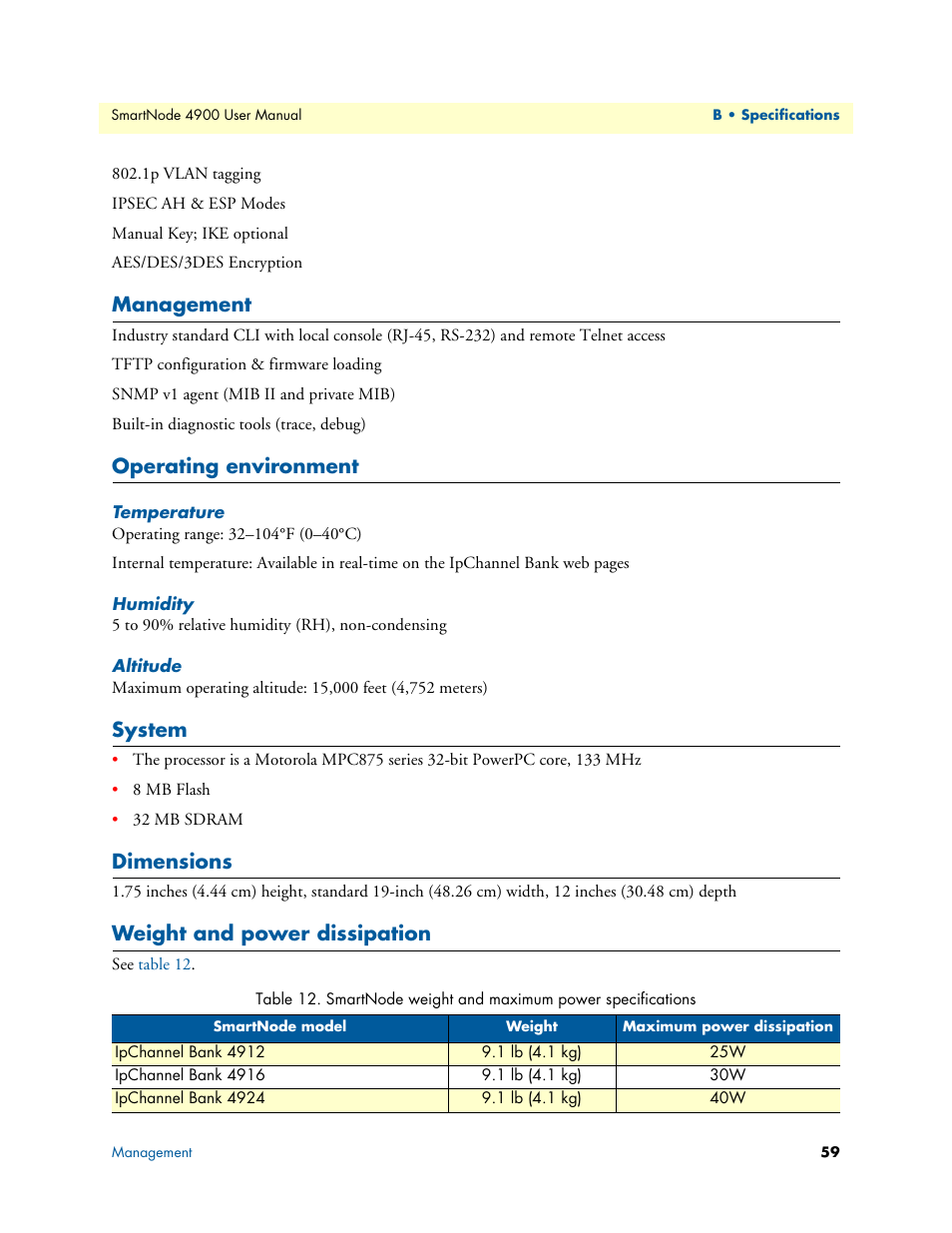 Management, Operating environment, Temperature | Humidity, Altitude, System, Dimensions, Weight and power dissipation, Smartnode weight and maximum power specifications | Patton electronic SMARTNODE 4900 User Manual | Page 59 / 76