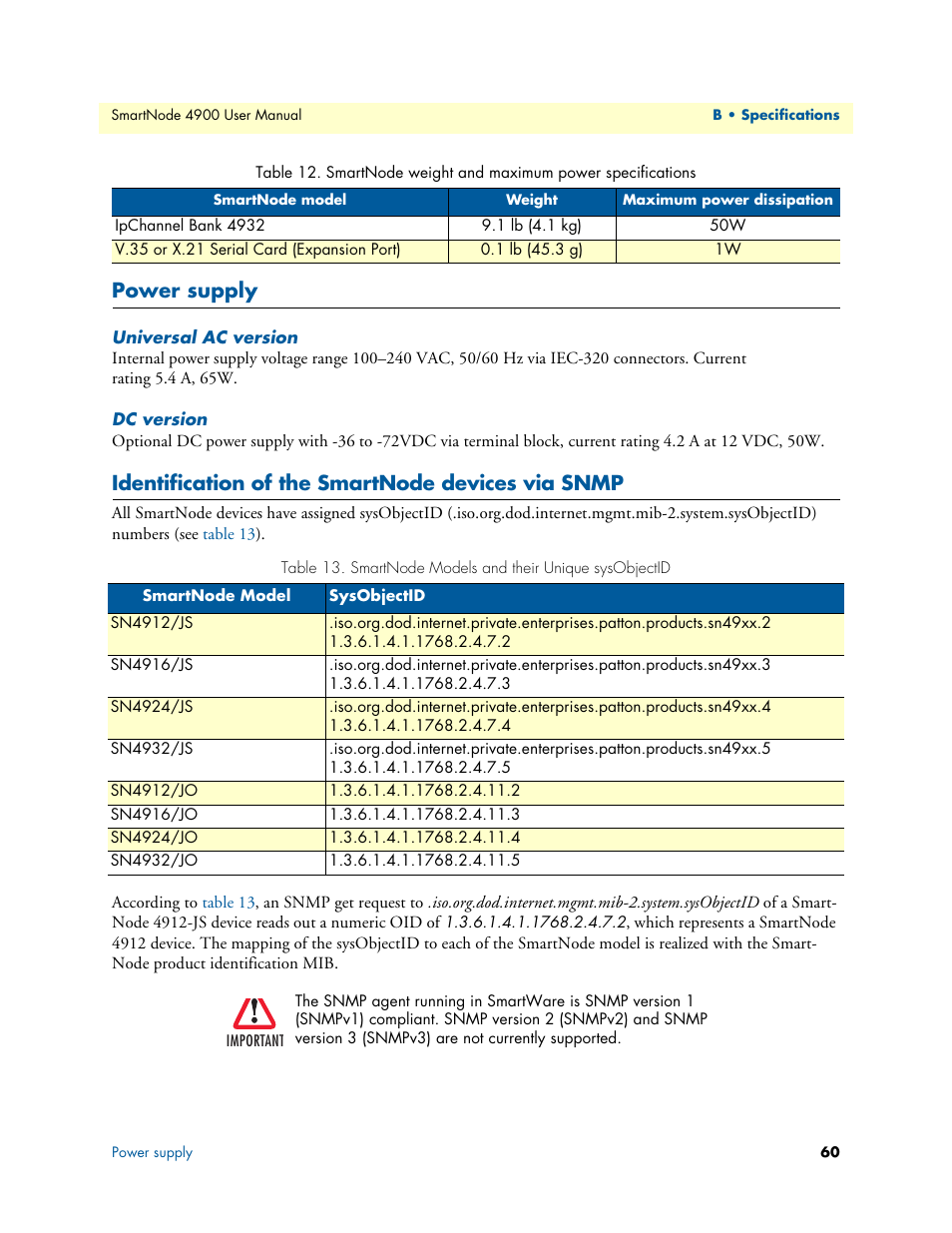 Power supply, Universal ac version, Dc version | Identification of the smartnode devices via snmp, Smartnode models and their unique sysobjectid | Patton electronic SMARTNODE 4900 User Manual | Page 60 / 76