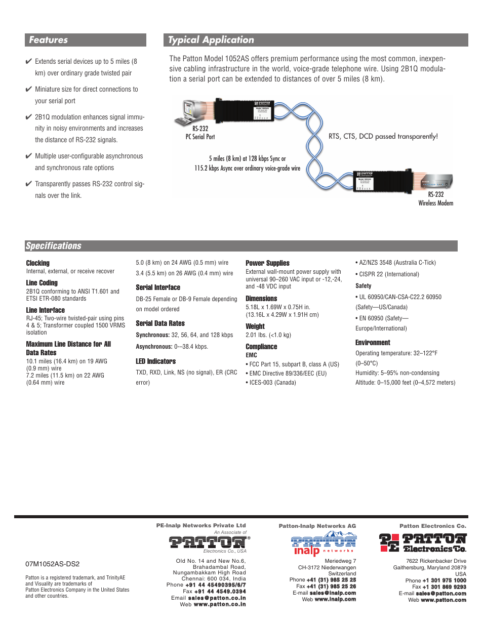 Specifications, Typical application features, Clocking | Line coding, Line interface, Maximum line distance for all data rates, Serial interface, Serial data rates, Led indicators, Power supplies | Patton electronic 1052AS User Manual | Page 2 / 2