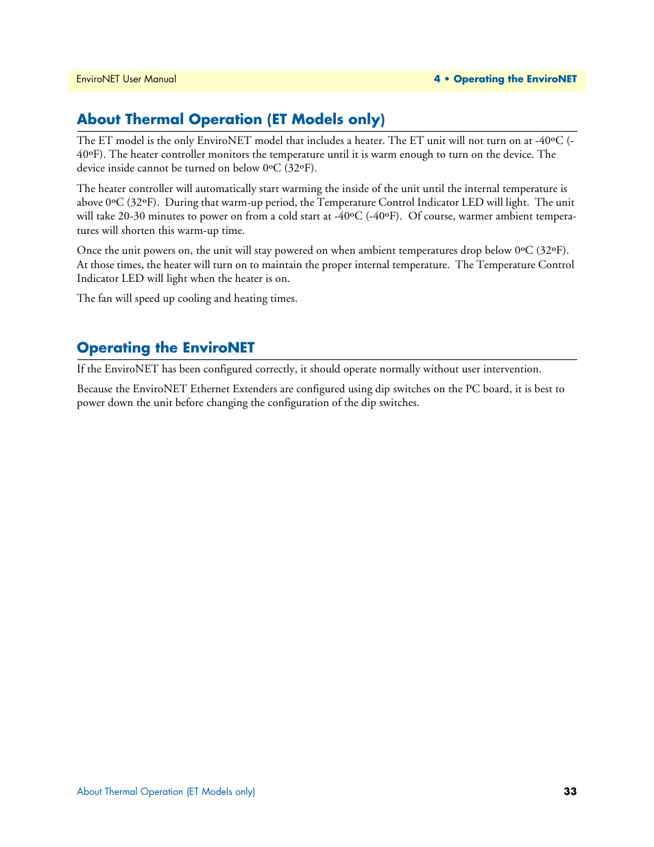 About thermal operation (et models only), Operating the environet | Patton electronic ENVIRONETTM 2100 User Manual | Page 33 / 43