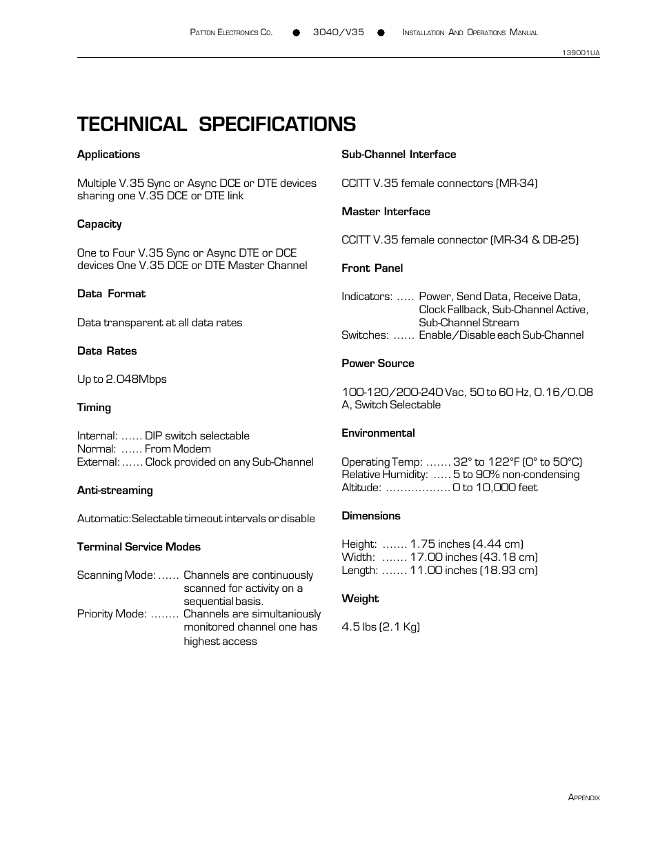 Technical specifications | Patton electronic 3040/V35 User Manual | Page 21 / 23