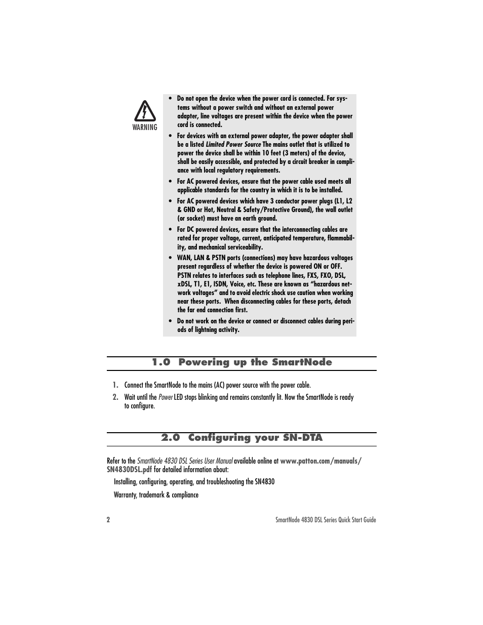 0 powering up the smartnode, 0 configuring your sn-dta | Patton electronic 4830 User Manual | Page 2 / 8