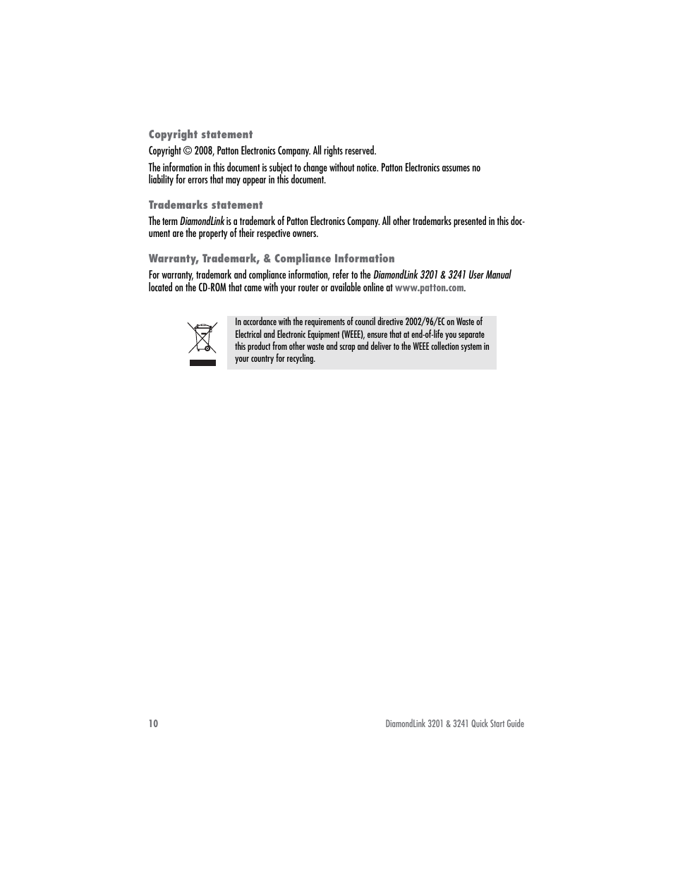 Copyright statement, Trademarks statement, Warranty, trademark, & compliance information | Patton electronic DIAMONDLINK 3201 User Manual | Page 10 / 12