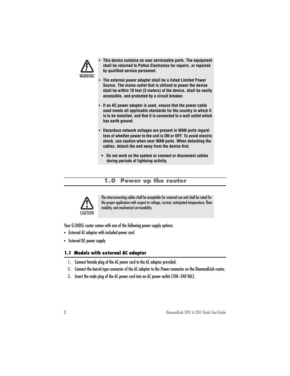 0 power up the router, 1 models with external ac adaptor | Patton electronic DIAMONDLINK 3201 User Manual | Page 2 / 12