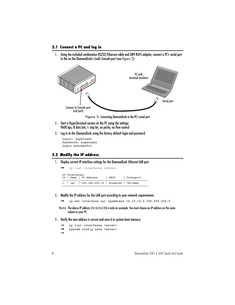 1 connect a pc and log in, 2 modify the ip address | Patton electronic DIAMONDLINK 3201 User Manual | Page 4 / 12