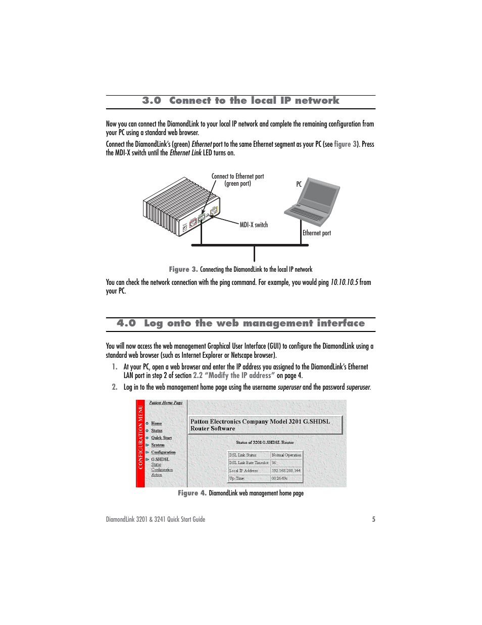 0 connect to the local ip network, 0 log onto the web management interface, 0 log onto the web management interface | Patton electronic DIAMONDLINK 3201 User Manual | Page 5 / 12