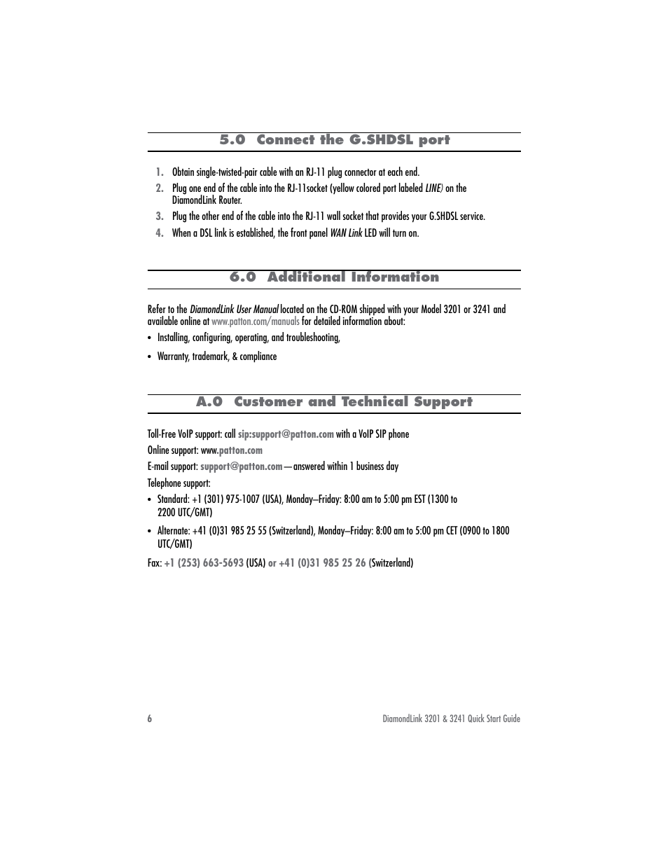 0 connect the g.shdsl port, 0 additional information | Patton electronic DIAMONDLINK 3201 User Manual | Page 6 / 12