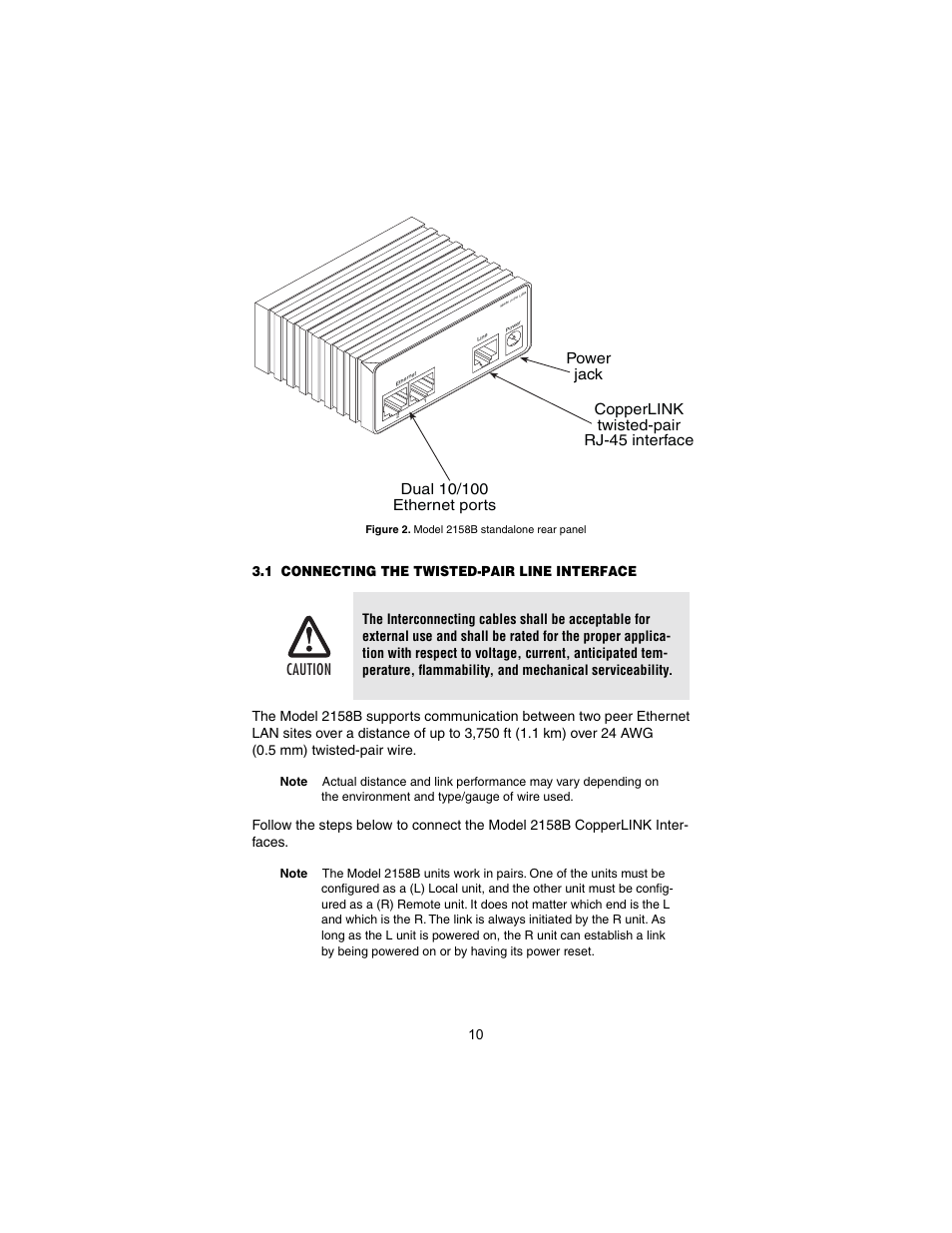 1 connecting the twisted-pair line interface, Connecting the twisted-pair line interface, Er to section 3.1 | Caution | Patton electronic CopperLINK 2158B User Manual | Page 10 / 20