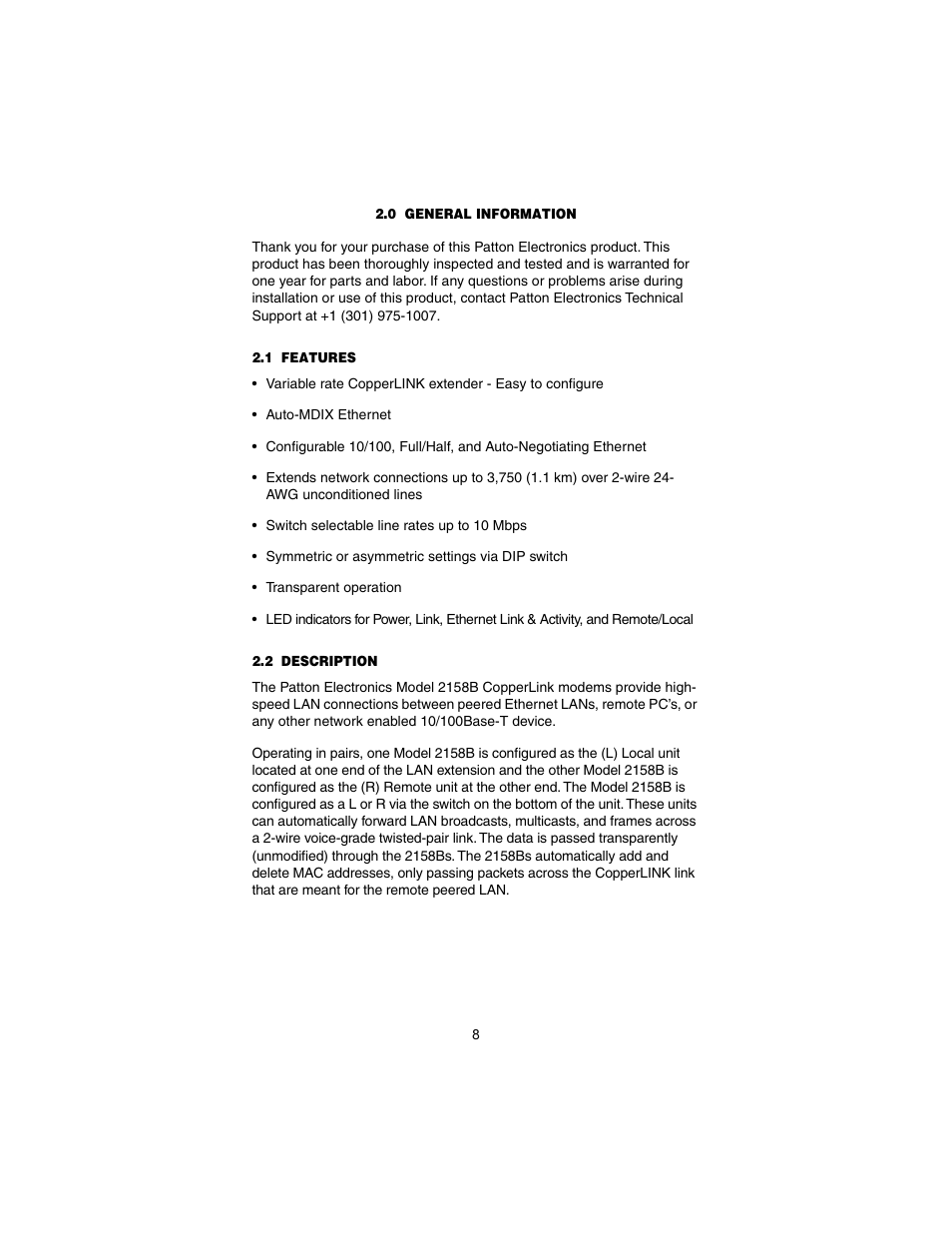 0 general information, 1 features, 2 description | General information, Features, Description | Patton electronic CopperLINK 2158B User Manual | Page 8 / 20