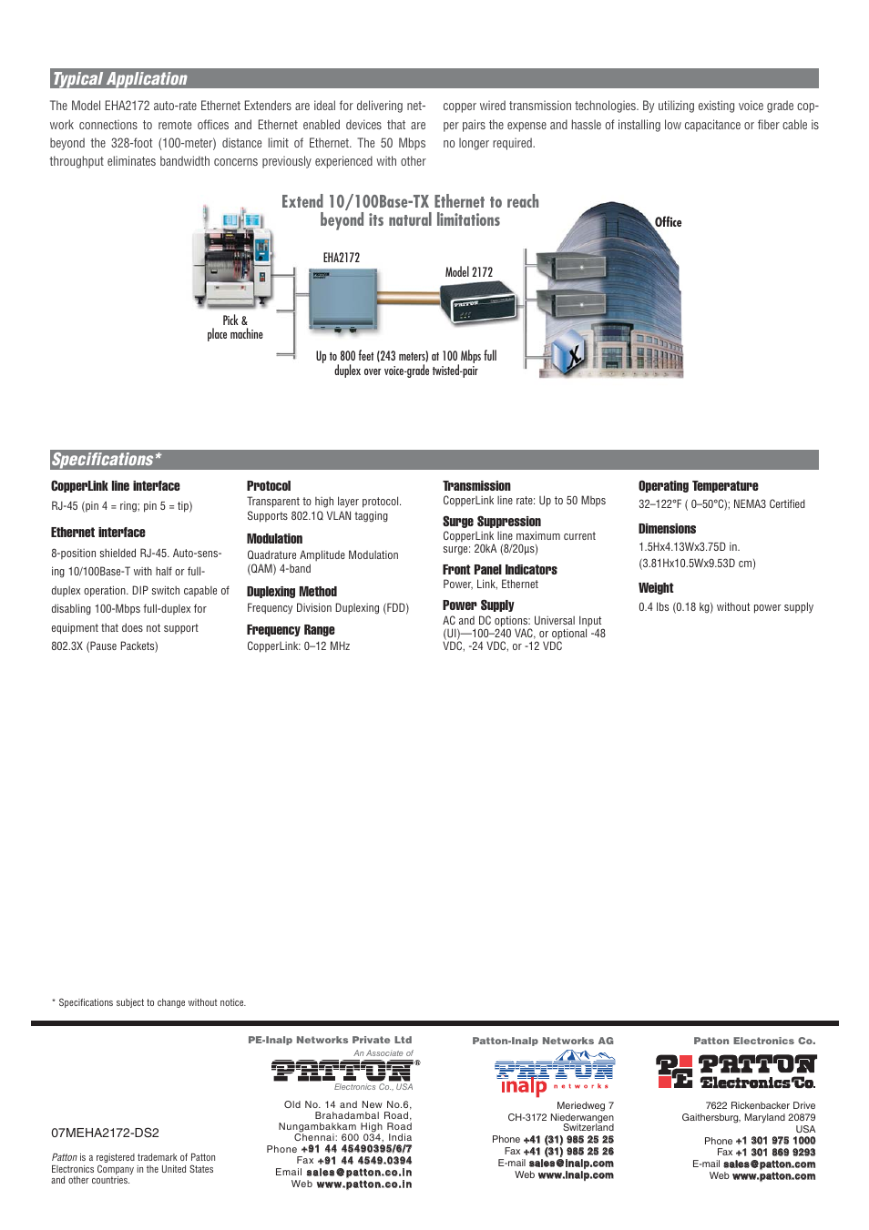 Typical application, Specifications, Copperlink line interface | Ethernet interface, Protocol, Modulation, Duplexing method, Frequency range, Transmission, Surge suppression | Patton electronic EnviroNET EHA2172 User Manual | Page 2 / 2