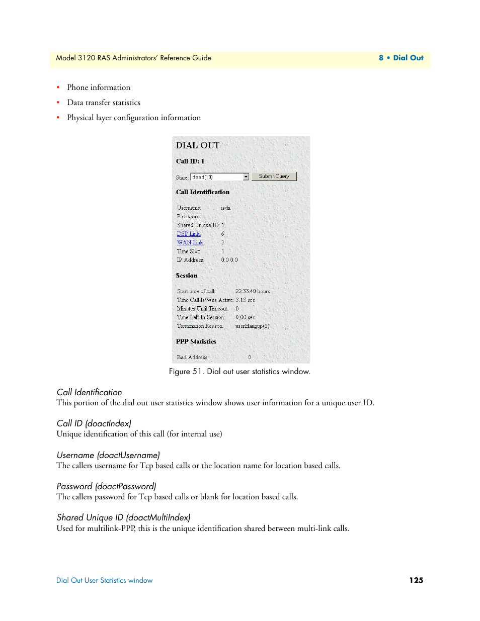 Call identification, Call id (doactindex), Username (doactusername) | Password (doactpassword), Shared unique id (doactmultiindex) | Patton electronic 3120 User Manual | Page 125 / 331