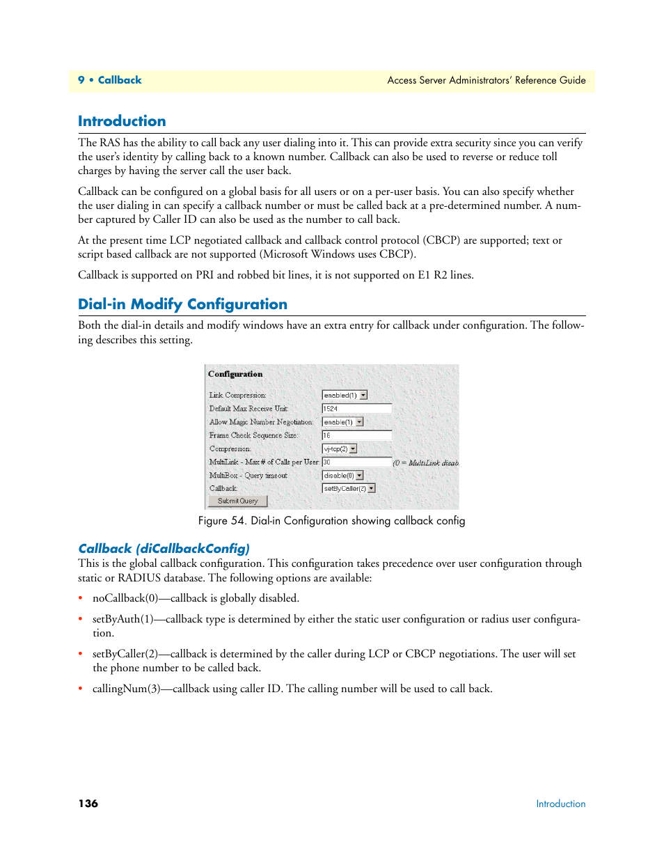 Introduction, Dial-in modify configuration, Callback (dicallbackconfig) | Introduction dial-in modify configuration | Patton electronic 3120 User Manual | Page 136 / 331