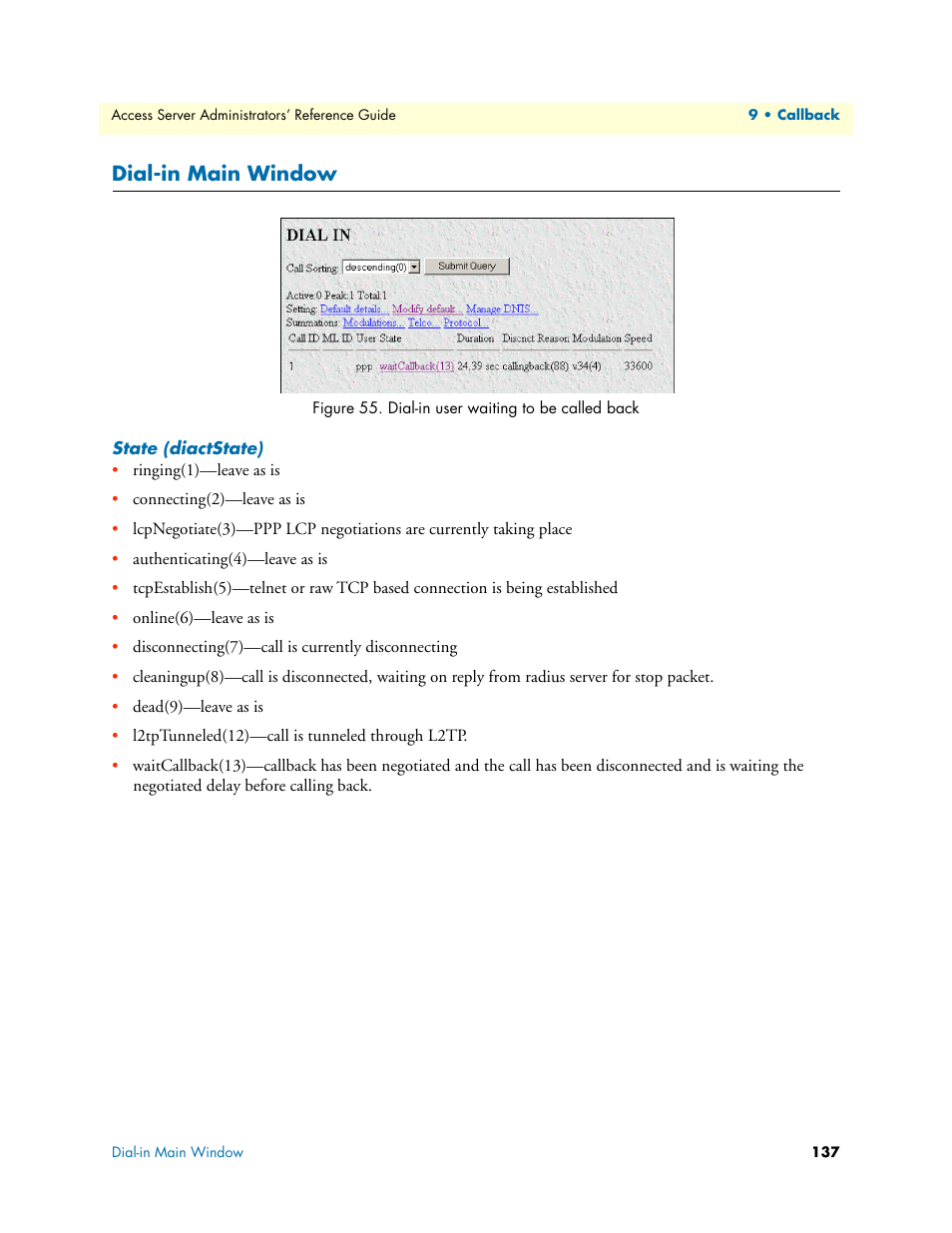 Dial-in main window, State (diactstate) | Patton electronic 3120 User Manual | Page 137 / 331