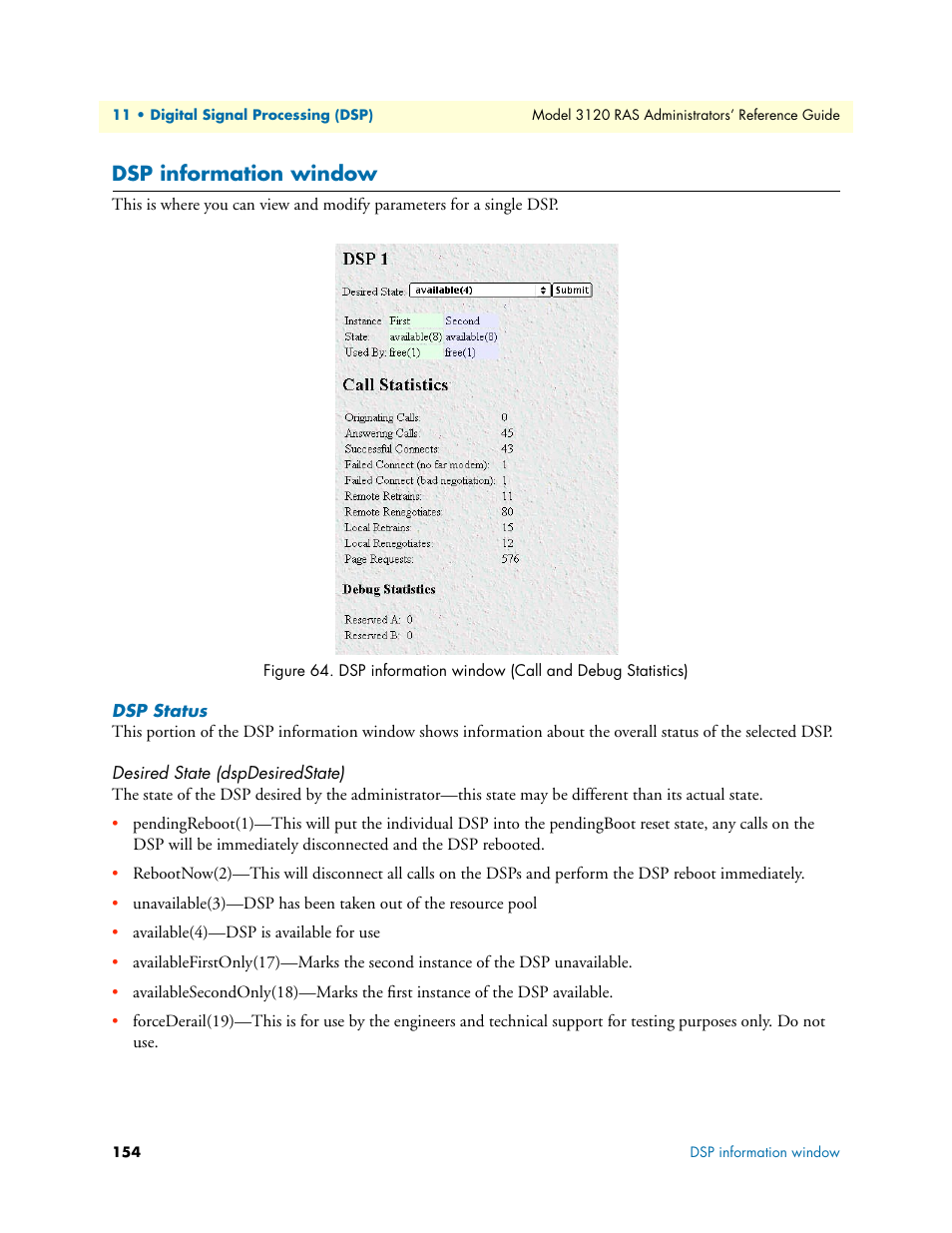 Dsp information window, Dsp status, Desired state (dspdesiredstate) | Patton electronic 3120 User Manual | Page 154 / 331