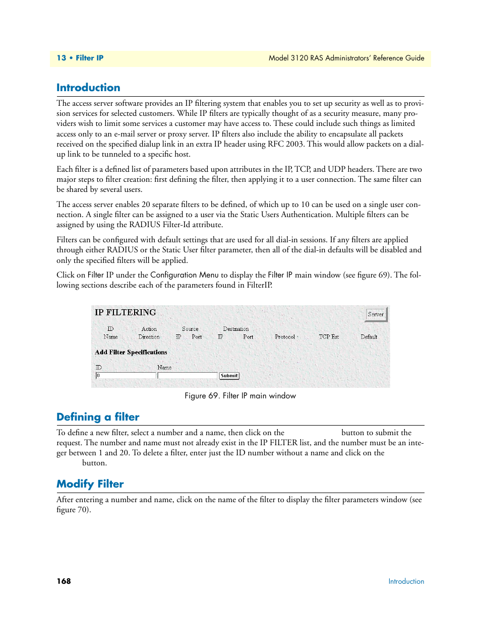 Introduction, Defining a filter, Modify filter | Introduction defining a filter modify filter | Patton electronic 3120 User Manual | Page 168 / 331