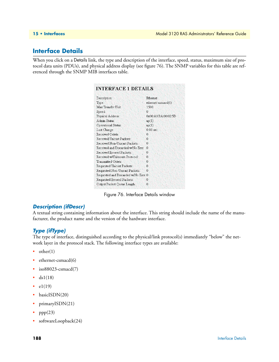 Interface details, Description (ifdescr), Type (iftype) | Description (ifdescr) type (iftype) | Patton electronic 3120 User Manual | Page 188 / 331