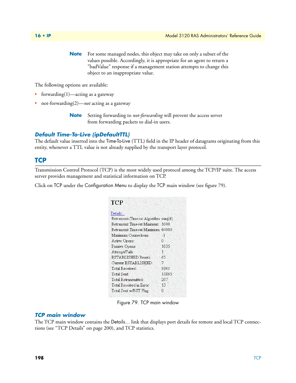 Default time-to-live (ipdefaultttl), Tcp main window | Patton electronic 3120 User Manual | Page 198 / 331