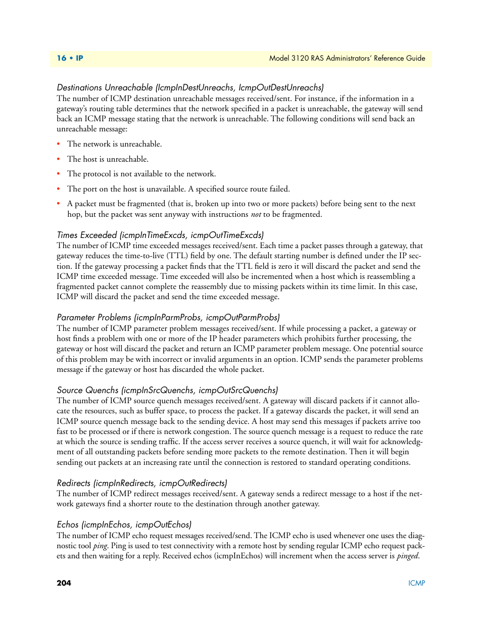 Times exceeded (icmpintimeexcds, icmpouttimeexcds), Redirects (icmpinredirects, icmpoutredirects), Echos (icmpinechos, icmpoutechos) | Patton electronic 3120 User Manual | Page 204 / 331