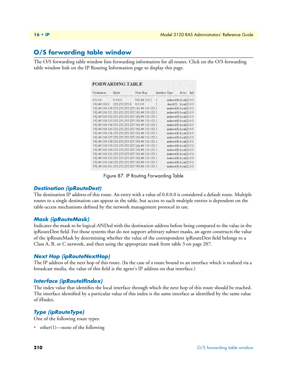 O/s forwarding table window, Destination (iproutedest), Mask (iproutemask) | Next hop (iproutenexthop), Interface (iprouteifindex), Type (iproutetype) | Patton electronic 3120 User Manual | Page 210 / 331
