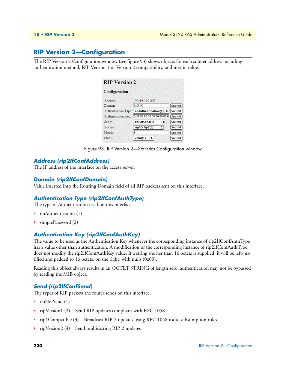 Rip version 2—configuration, Address (rip2ifconfaddress), Domain (rip2ifconfdomain) | Authentication type (rip2ifconfauthtype), Authentication key (rip2ifconfauthkey), Send (rip2ifconfsend) | Patton electronic 3120 User Manual | Page 230 / 331