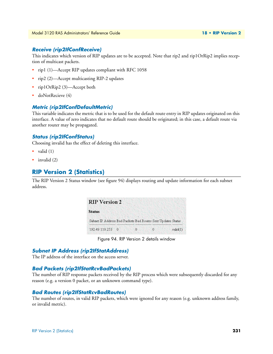 Receive (rip2ifconfreceive), Metric (rip2ifconfdefaultmetric), Status (rip2ifconfstatus) | Rip version 2 (statistics), Subnet ip address (rip2ifstataddress), Bad packets (rip2ifstatrcvbadpackets), Bad routes (rip2ifstatrcvbadroutes) | Patton electronic 3120 User Manual | Page 231 / 331