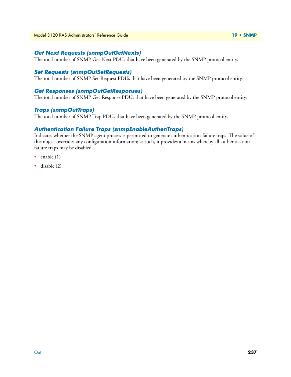 Get next requests (snmpoutgetnexts), Set requests (snmpoutsetrequests), Get responses (snmpoutgetresponses) | Traps (snmpouttraps) | Patton electronic 3120 User Manual | Page 237 / 331