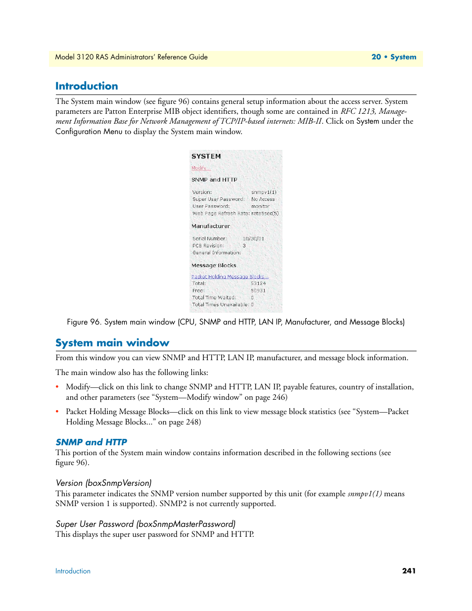 Introduction, System main window, Snmp and http | Version (boxsnmpversion), Super user password (boxsnmpmasterpassword), Introduction system main window | Patton electronic 3120 User Manual | Page 241 / 331