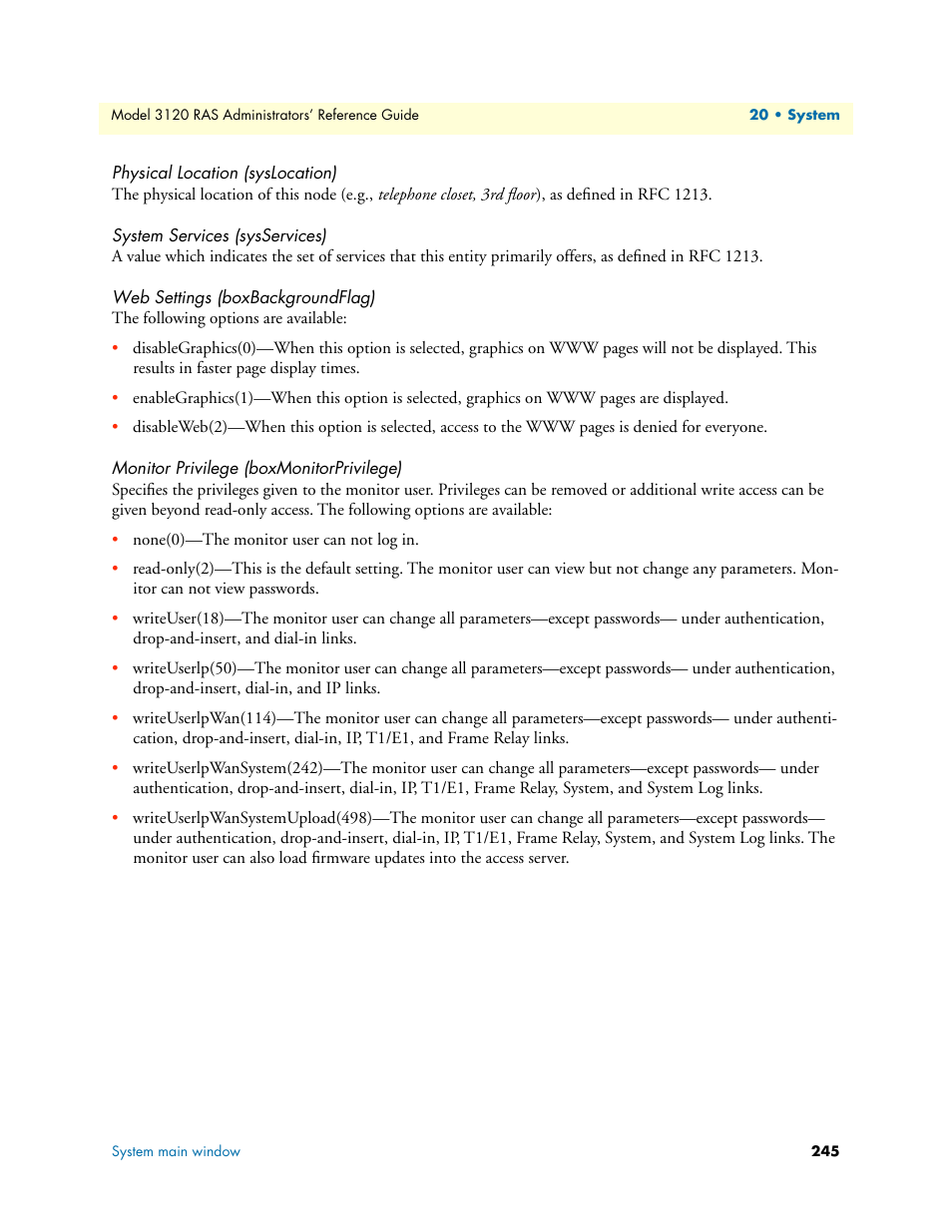 Physical location (syslocation), System services (sysservices), Web settings (boxbackgroundflag) | Monitor privilege (boxmonitorprivilege) | Patton electronic 3120 User Manual | Page 245 / 331