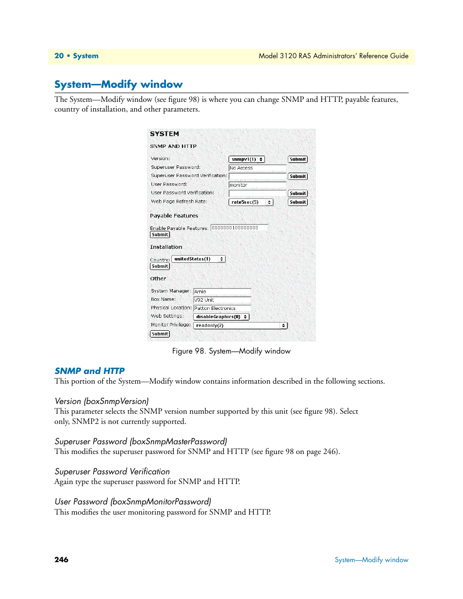 System—modify window, Snmp and http, Version (boxsnmpversion) | Superuser password (boxsnmpmasterpassword), Superuser password verification, User password (boxsnmpmonitorpassword) | Patton electronic 3120 User Manual | Page 246 / 331
