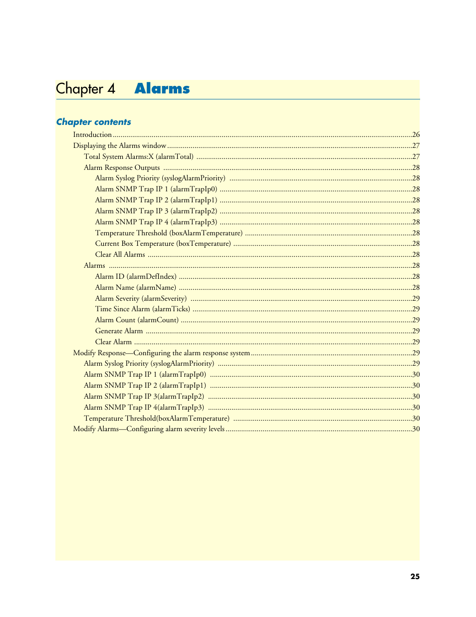 Chapter 4 alarms, 4 alarms, Chapter 4 describes configuring the alarms windo | Patton electronic 3120 User Manual | Page 25 / 331