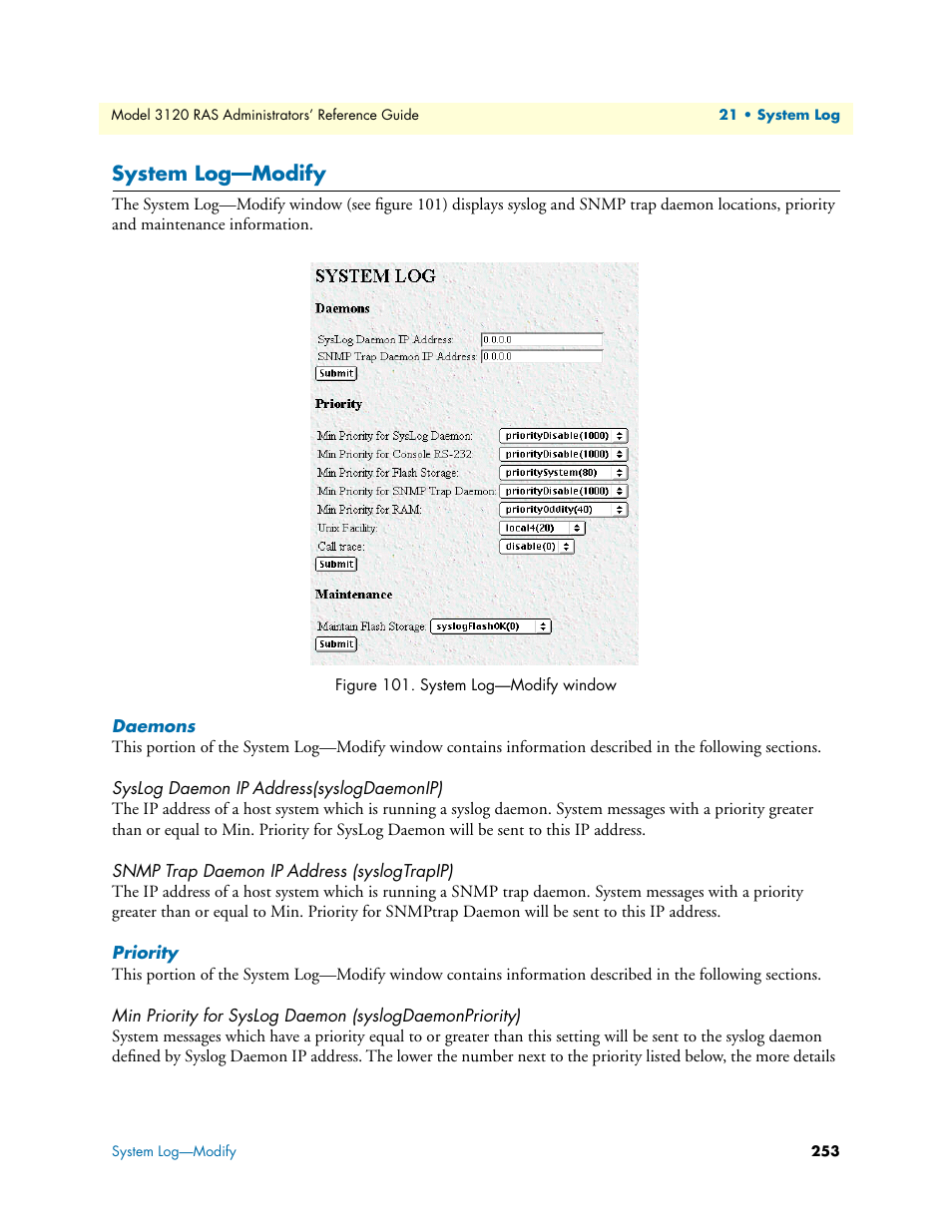 System log—modify, Daemons, Syslog daemon ip address(syslogdaemonip) | Snmp trap daemon ip address (syslogtrapip), Priority | Patton electronic 3120 User Manual | Page 253 / 331