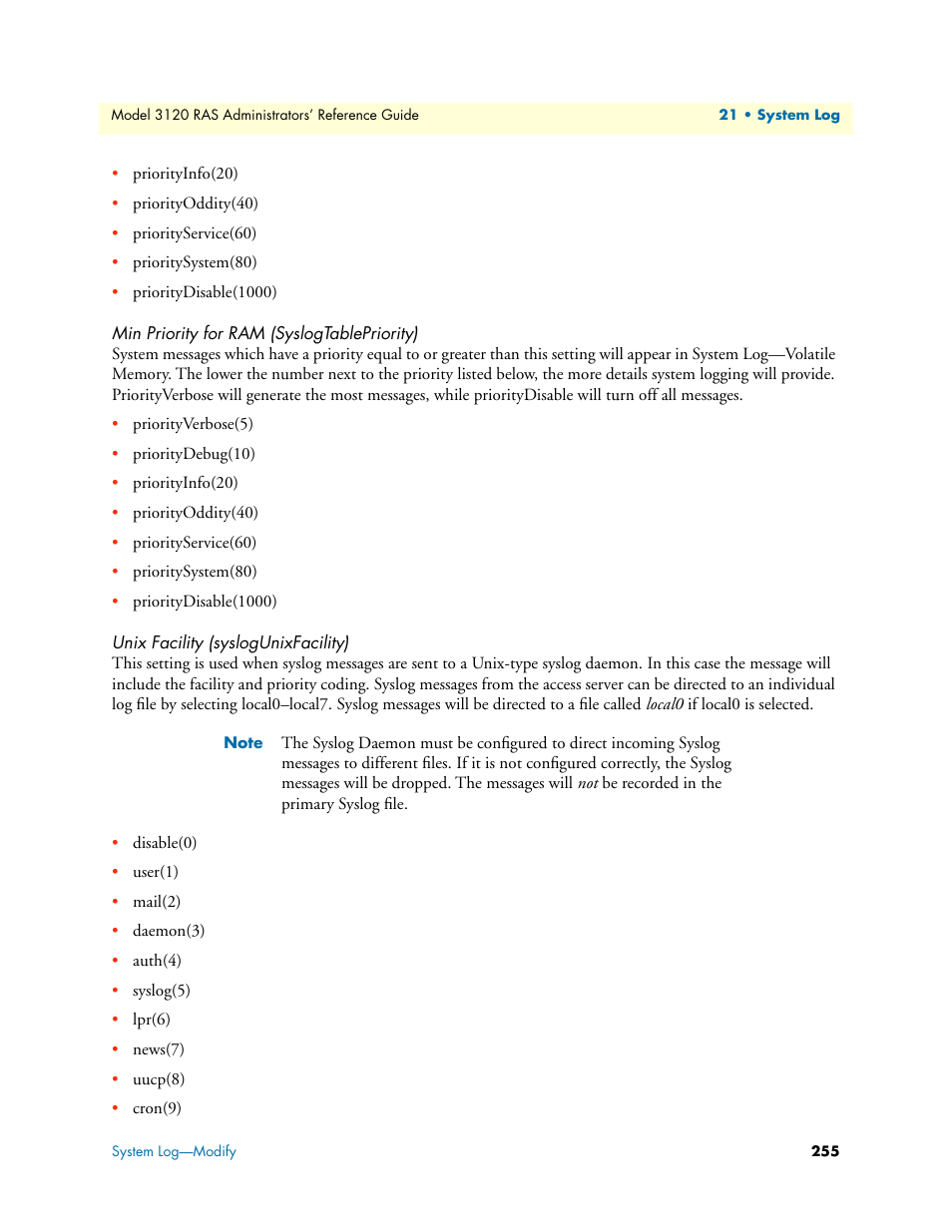 Min priority for ram (syslogtablepriority), Unix facility (syslogunixfacility) | Patton electronic 3120 User Manual | Page 255 / 331