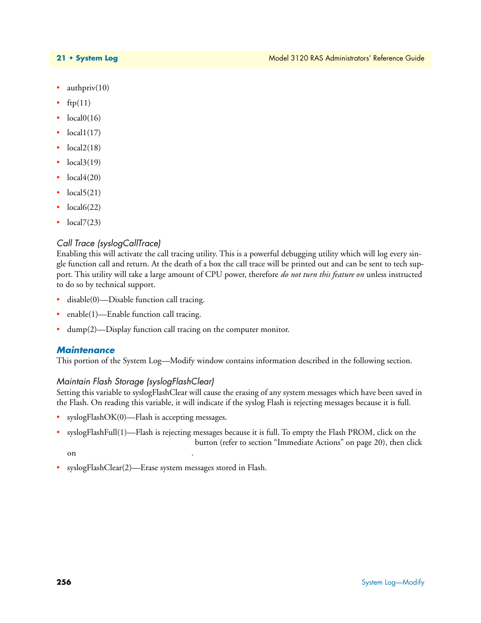 Call trace (syslogcalltrace), Maintenance, Maintain flash storage (syslogflashclear) | Patton electronic 3120 User Manual | Page 256 / 331