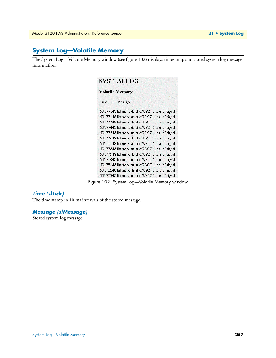 System log—volatile memory, Time (sltick), Message (slmessage) | Time (sltick) message (slmessage) | Patton electronic 3120 User Manual | Page 257 / 331