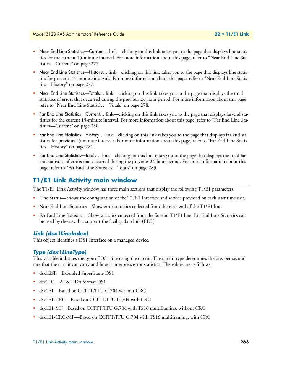 T1/e1 link activity main window, Link (dsx1lineindex), Type (dsx1linetype) | Link (dsx1lineindex) type (dsx1linetype) | Patton electronic 3120 User Manual | Page 263 / 331