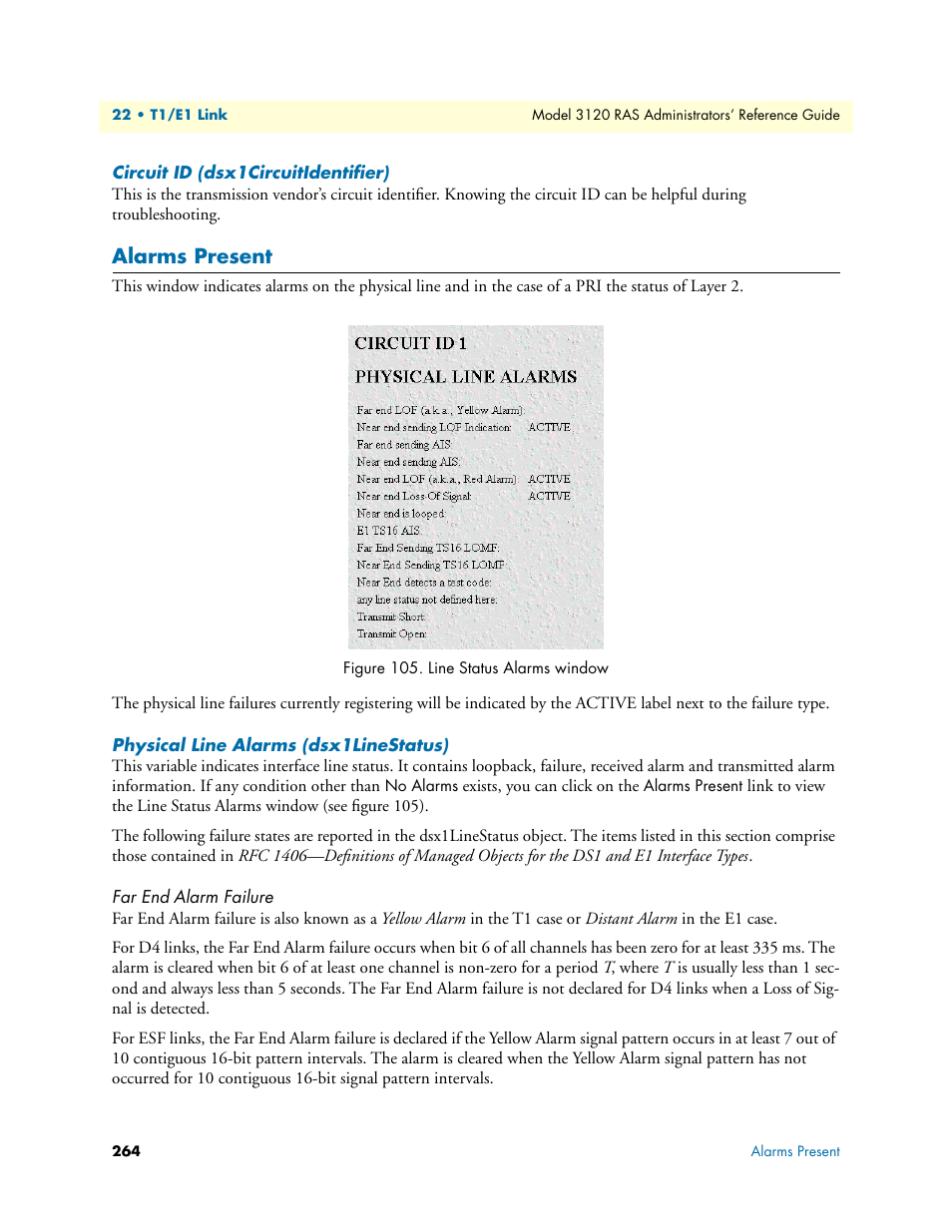 Circuit id (dsx1circuitidentifier), Alarms present, Physical line alarms (dsx1linestatus) | Far end alarm failure | Patton electronic 3120 User Manual | Page 264 / 331