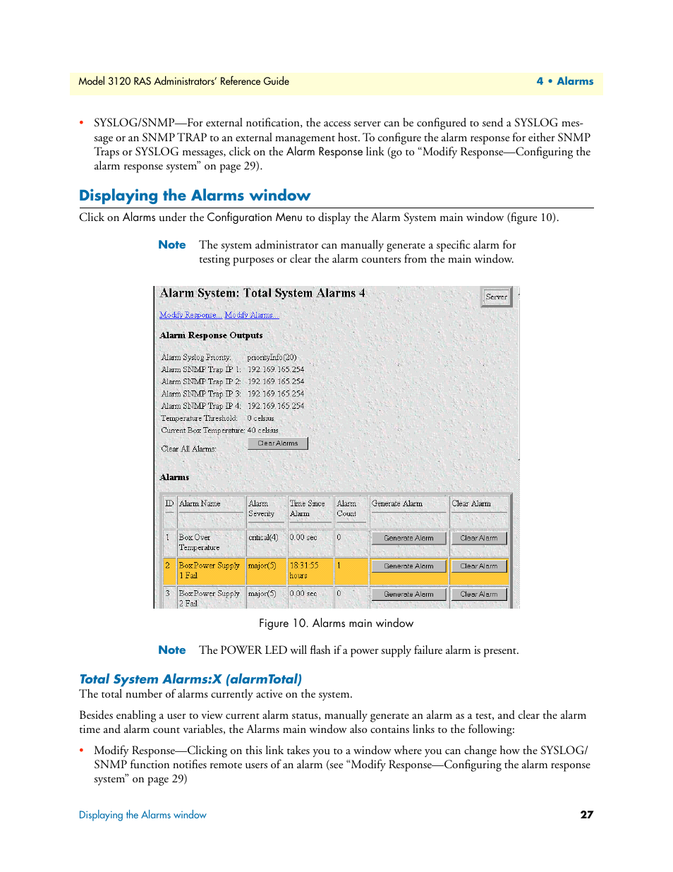 Displaying the alarms window, Total system alarms:x (alarmtotal) | Patton electronic 3120 User Manual | Page 27 / 331