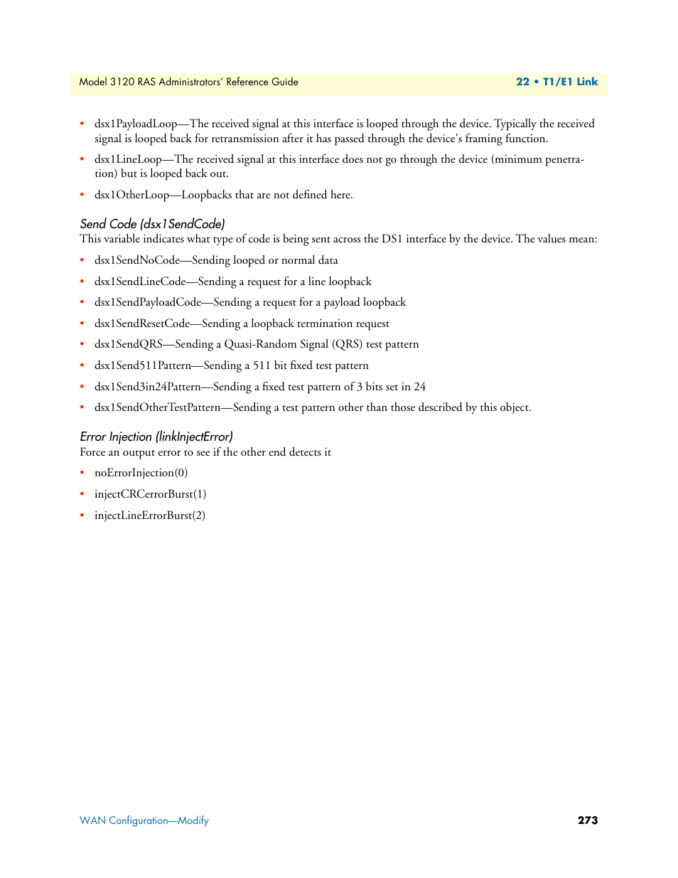 Send code (dsx1sendcode), Error injection (linkinjecterror) | Patton electronic 3120 User Manual | Page 273 / 331