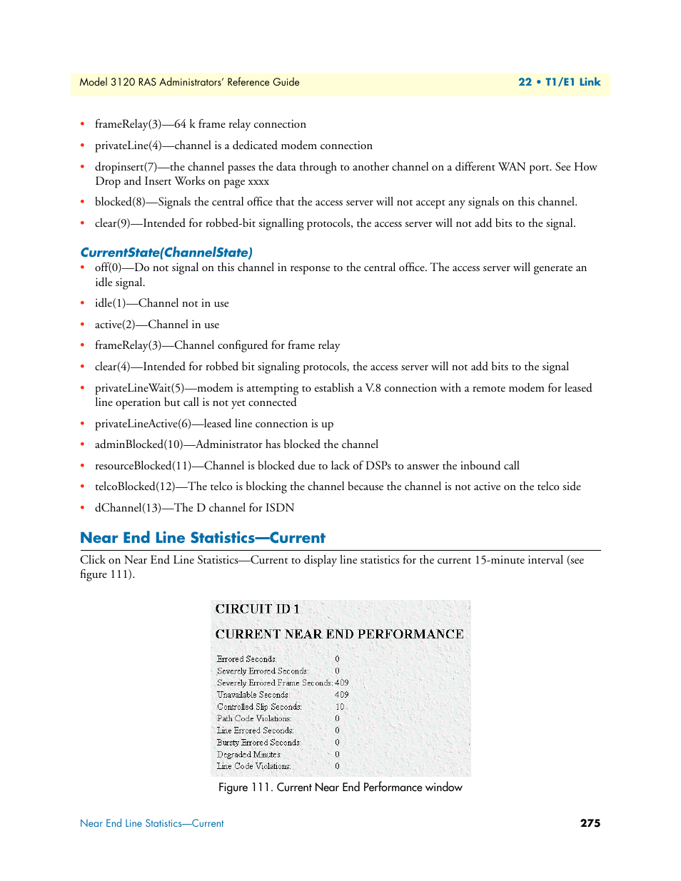 Currentstate(channelstate), Near end line statistics—current | Patton electronic 3120 User Manual | Page 275 / 331