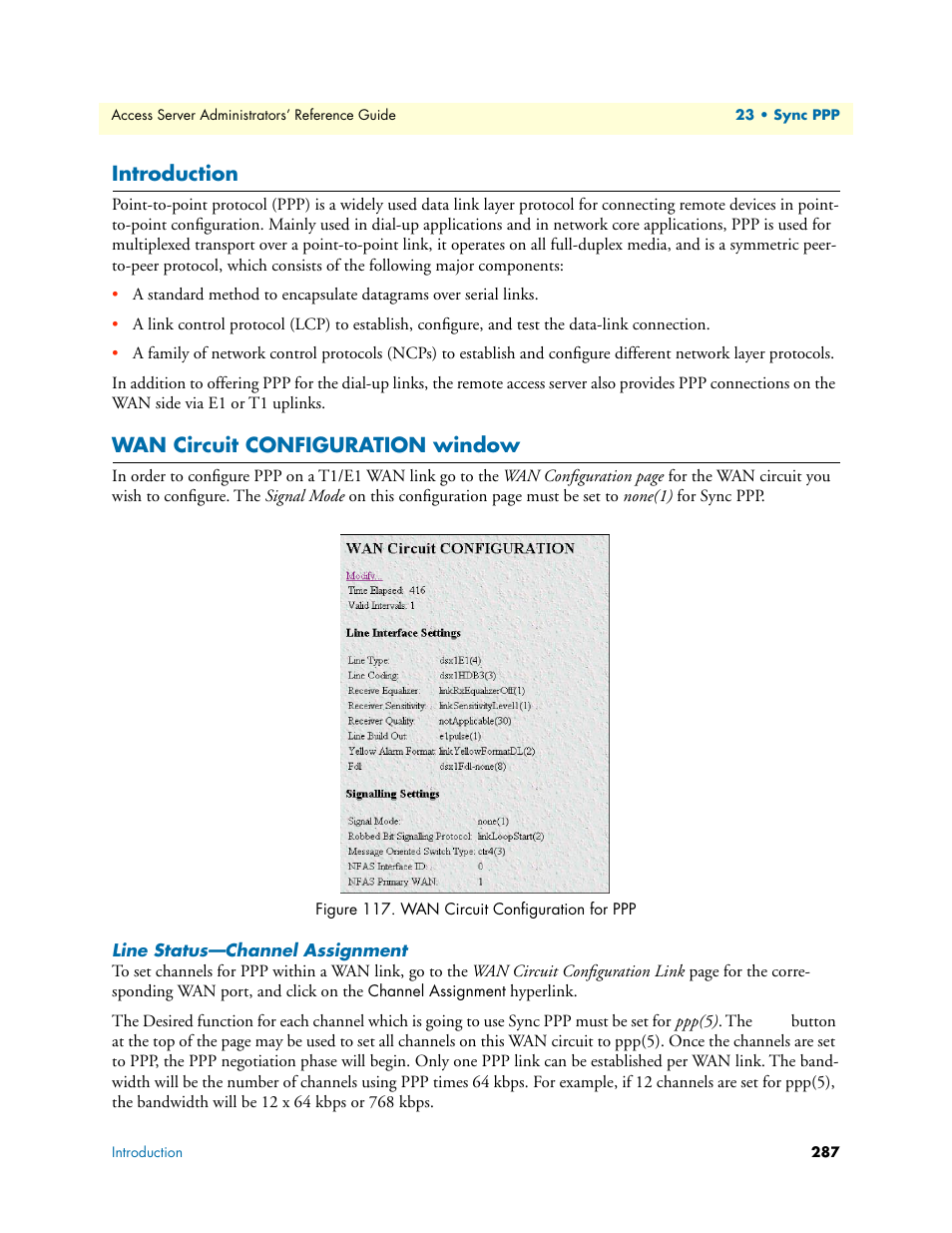Introduction, Wan circuit configuration window, Line status—channel assignment | Introduction wan circuit configuration window | Patton electronic 3120 User Manual | Page 287 / 331