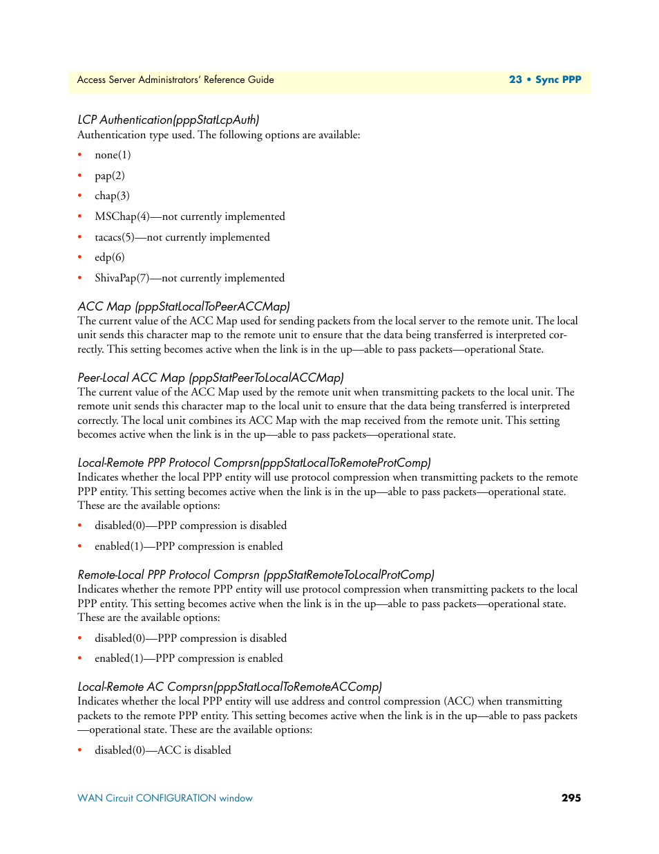 Lcp authentication(pppstatlcpauth), Acc map (pppstatlocaltopeeraccmap), Peer-local acc map (pppstatpeertolocalaccmap) | Patton electronic 3120 User Manual | Page 295 / 331
