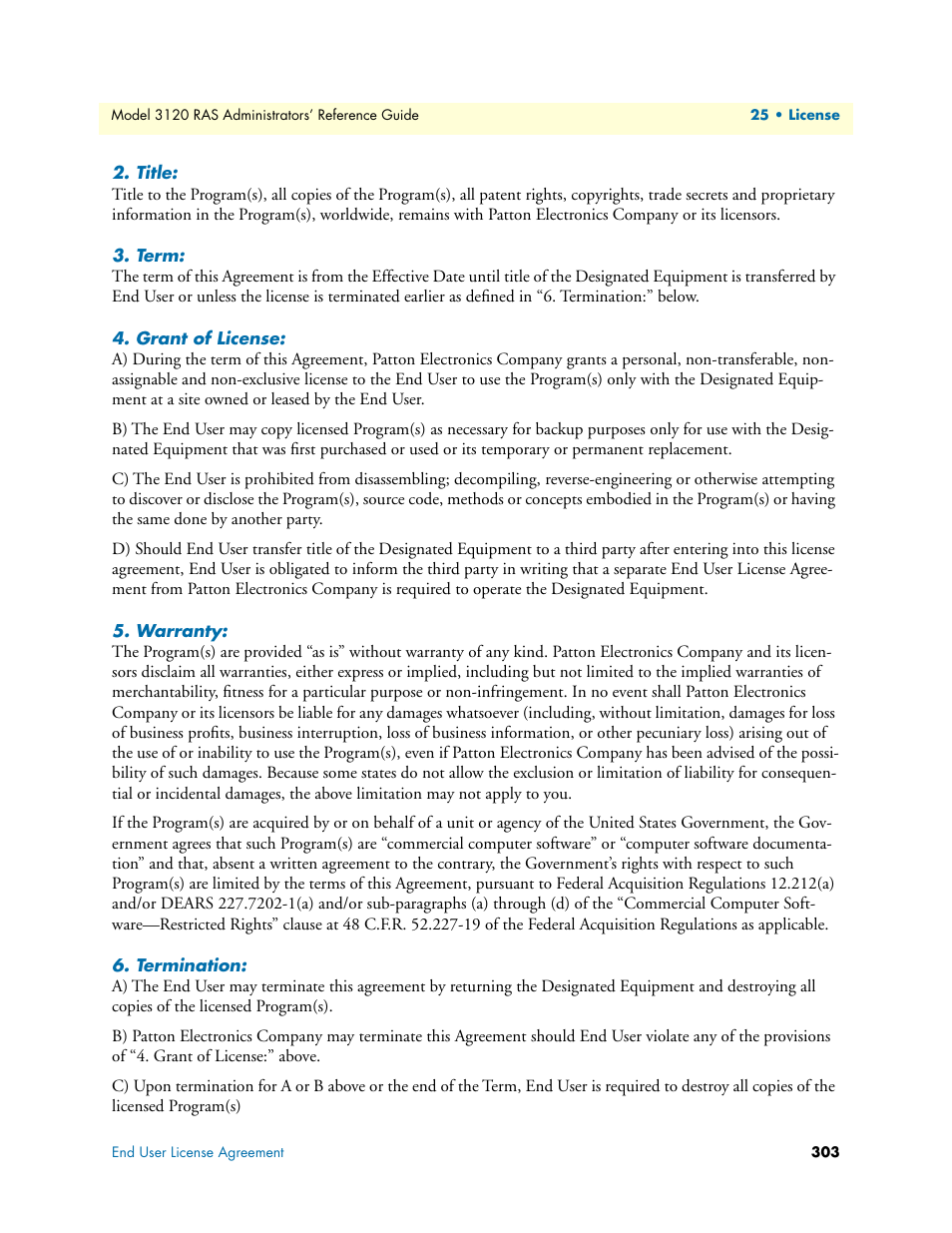 Title, Term, Grant of license | Warranty, Termination | Patton electronic 3120 User Manual | Page 303 / 331