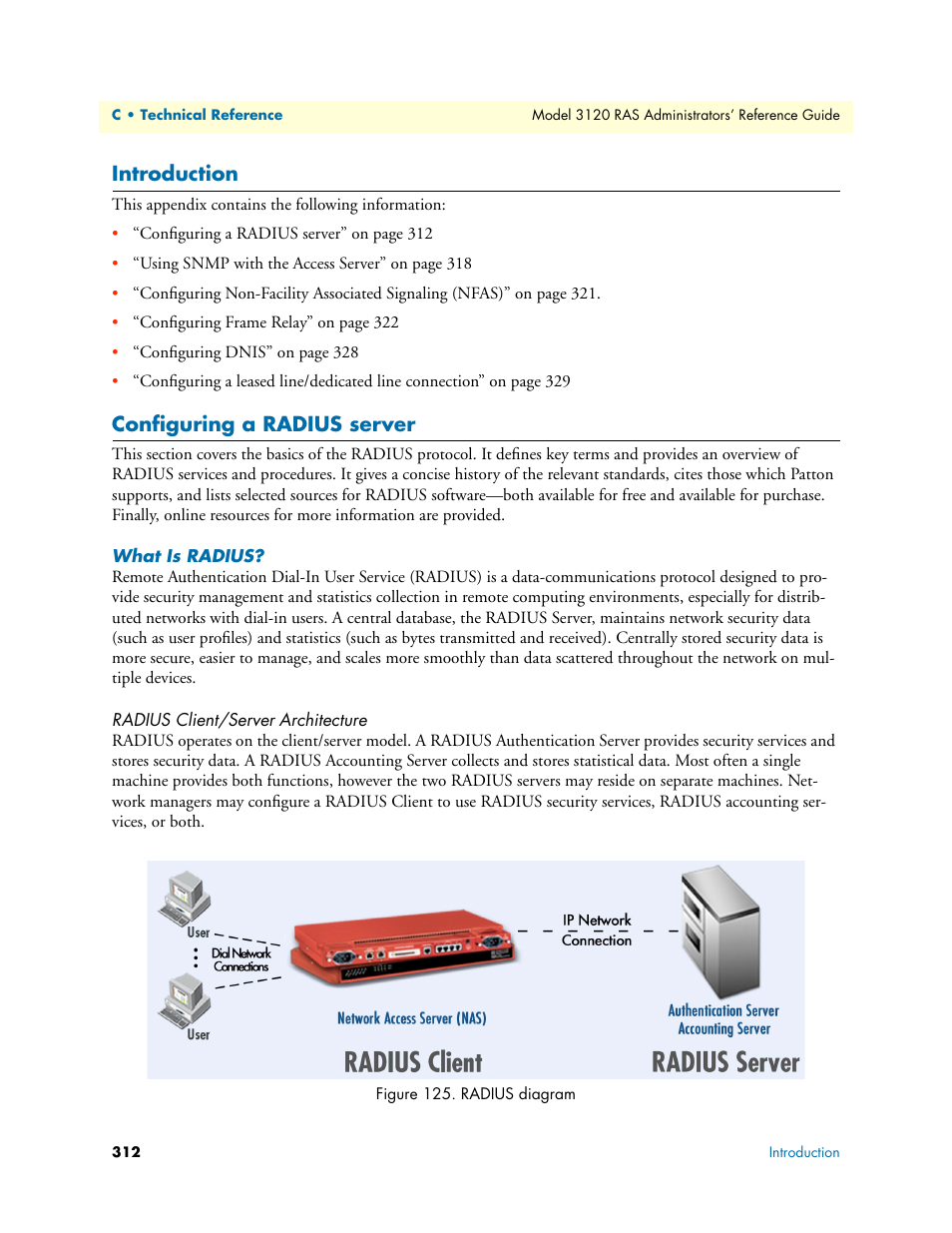 Introduction, Configuring a radius server, What is radius | Radius client/server architecture, Introduction configuring a radius server | Patton electronic 3120 User Manual | Page 312 / 331