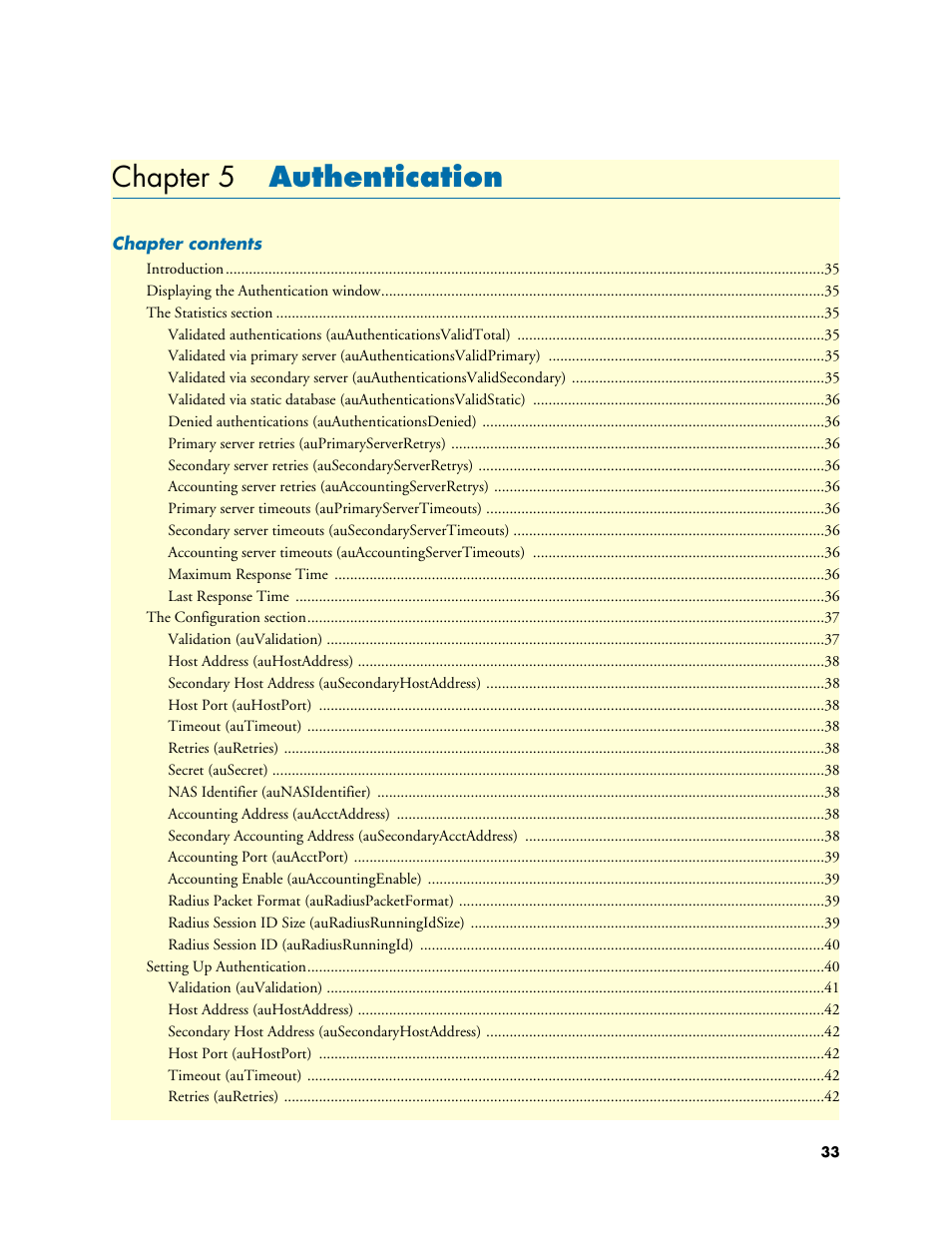 Chapter 5 authentication, 5 authentication, Chapter 5 describes configuring the a | Patton electronic 3120 User Manual | Page 33 / 331