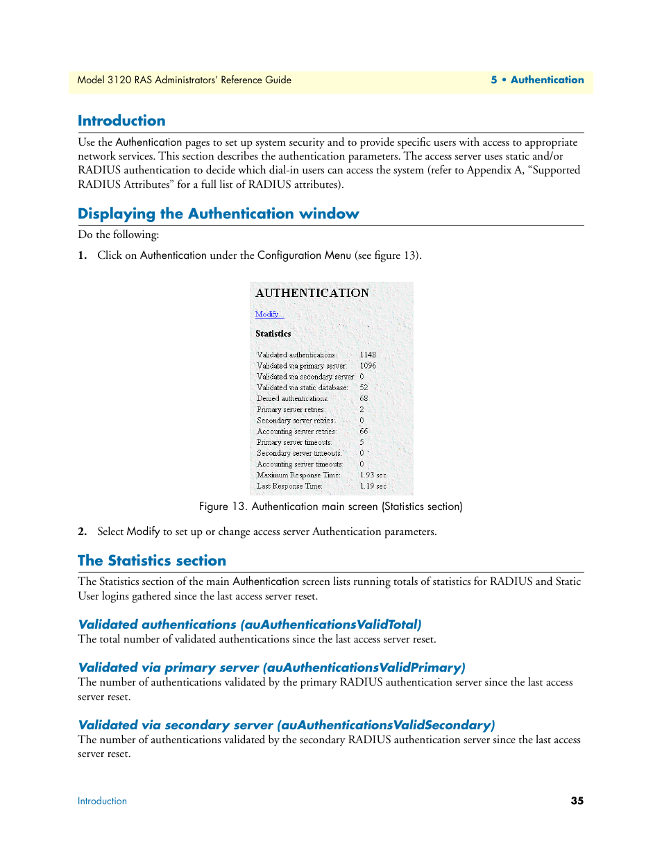 Introduction, Displaying the authentication window, The statistics section | Patton electronic 3120 User Manual | Page 35 / 331
