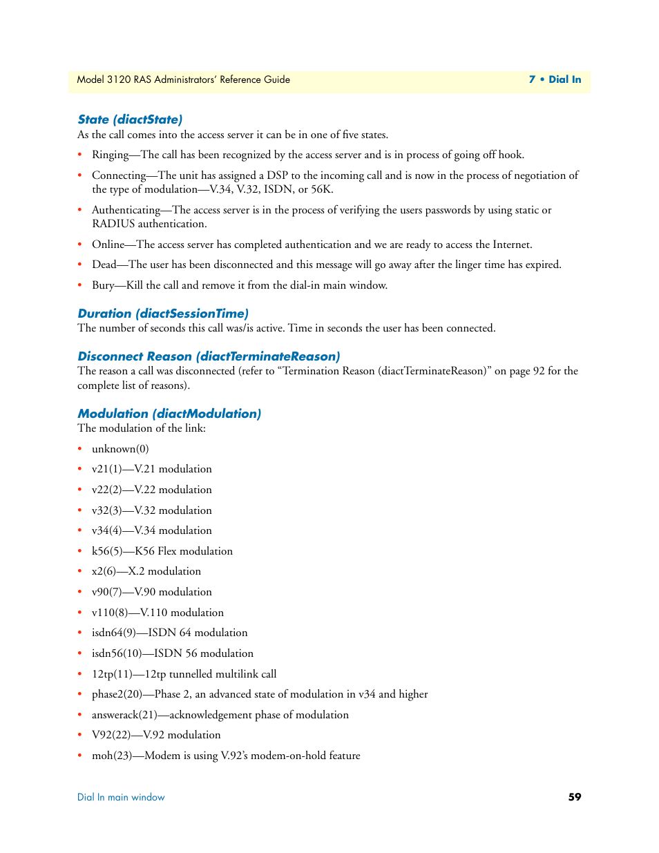 State (diactstate), Duration (diactsessiontime), Disconnect reason (diactterminatereason) | Modulation (diactmodulation) | Patton electronic 3120 User Manual | Page 59 / 331
