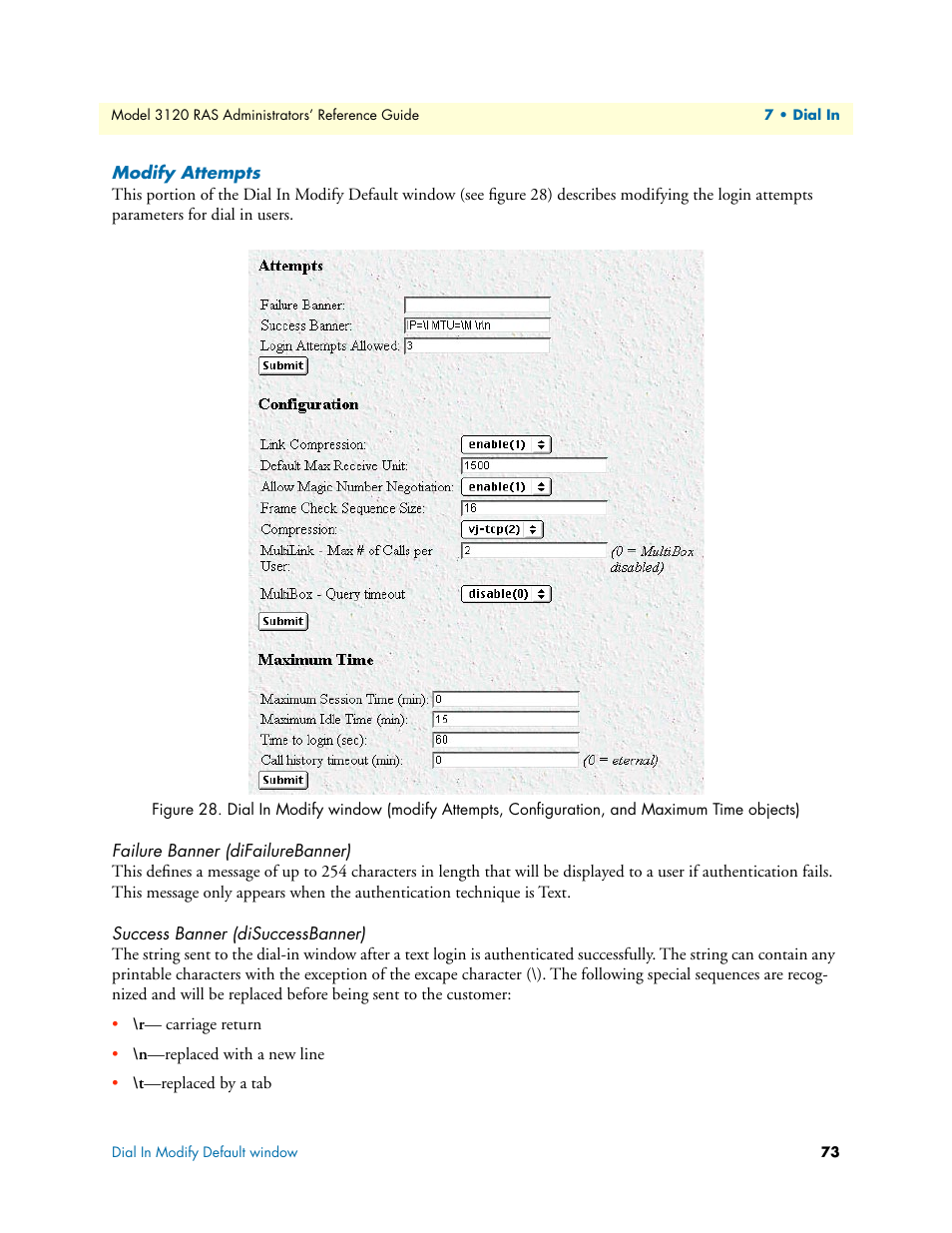 Modify attempts, Failure banner (difailurebanner), Success banner (disuccessbanner) | Patton electronic 3120 User Manual | Page 73 / 331